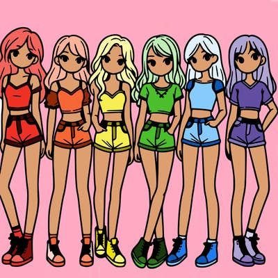 a group of girls wearing crop tops and shorts