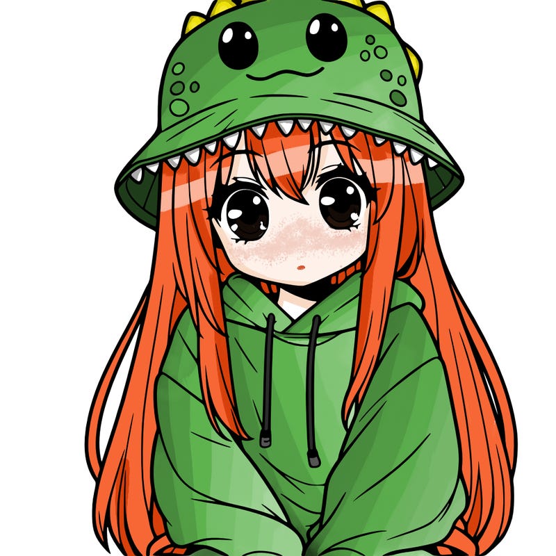 girl with anime shaped eyes with a dinosaur bucket hat oversized sweatshirt long straight hair