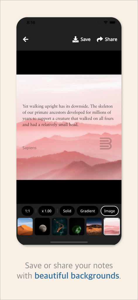 A screen showing how to create and share aesthetic book notes with mountain backgrounds in the Bookmory app