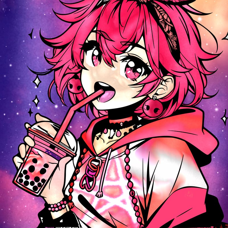 hot baddie anime girl drinking boba and biting the straw