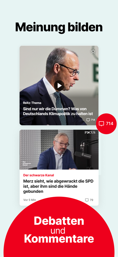 FOCUS online Nachrichten - Focus Online news app interface highlighting opinion articles and user debates