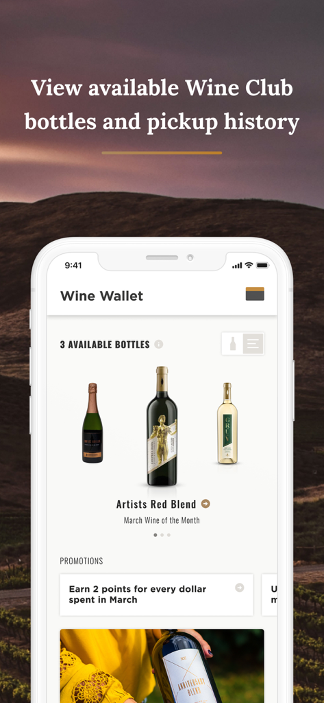 Cooper's Hawk app Wine Wallet screen showing available wine club bottles and membership promotions