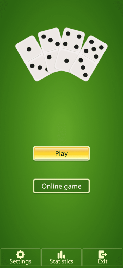 Menu principal do aplicativo Jogo Clássico Dominó Online com opções para jogo offline e jogos online em um fundo verde