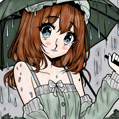 pretty anime girl in the rain