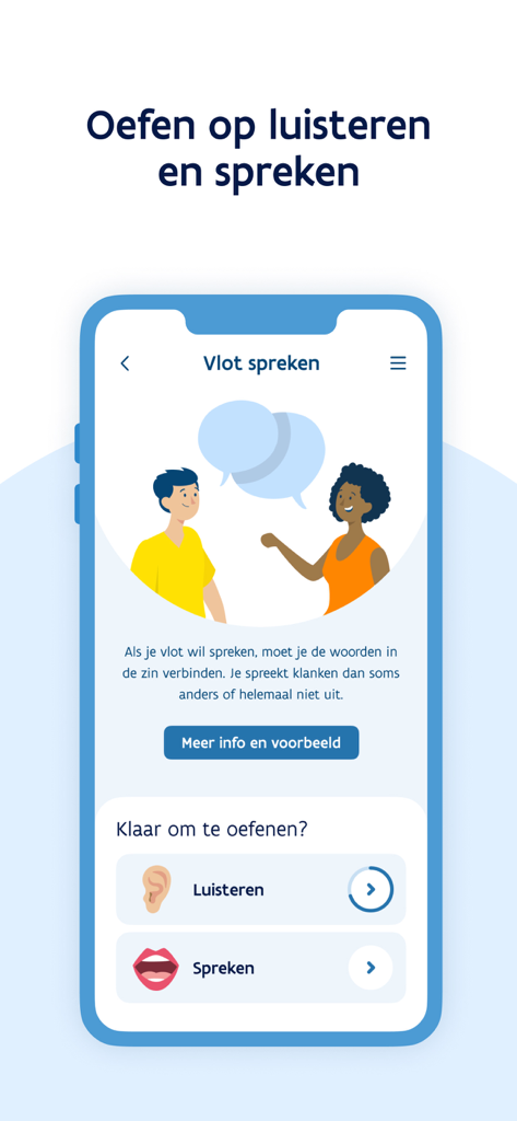 VDAB Uitsprekend - Interfaz de la app VDAB Uitsprekend para practicar la expresión oral y la escucha en neerlandés