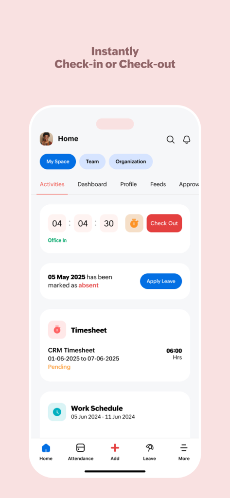 Zoho People mobile app interface showing attendance check-in and timesheet dashboard.