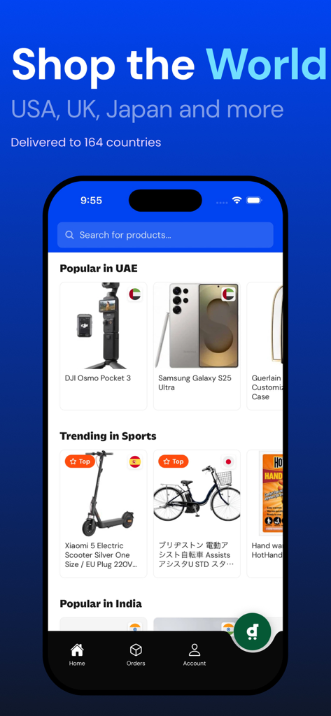 Desertcart Scout - Una captura de pantalla móvil de la aplicación Desertcart Scout que muestra una variedad de productos internacionales de los Emiratos Árabes Unidos, India y categorías de deportes populares.