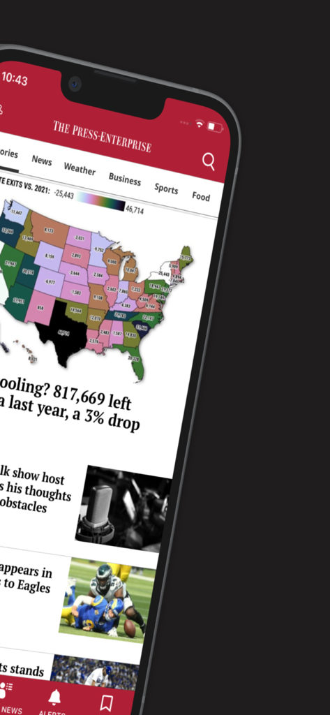 The Press-Enterprise news app interface showing the home screen with a top navigation bar and news articles on an iPhone.