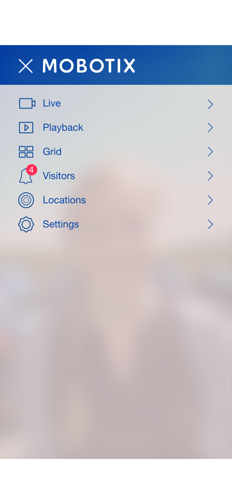MOBOTIX LIVE - Mobile interface showing the main navigation menu for the MOBOTIX LIVE professional security application