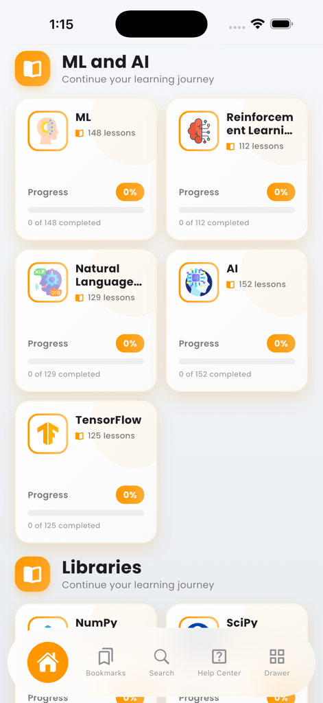 Dashboard for machine learning and AI modules in the Learn Python Programming Pro app.