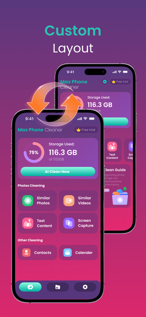 Max Cleaner&Private - Max Cleaner app interface showing storage usage and media cleaning options