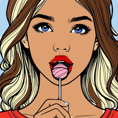 a realistic girl with a lollipop in her mouth