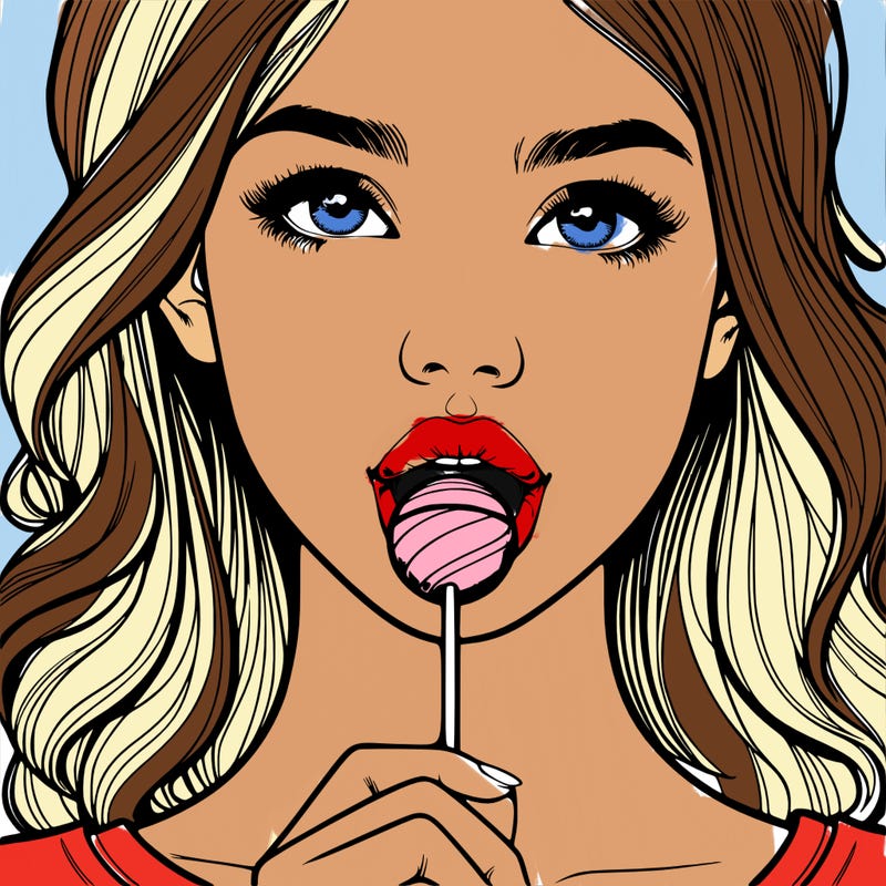 a realistic girl with a lollipop in her mouth