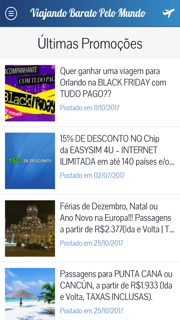 Viajando Barato Pelo Mundo - 포르투갈어로 된 여행 특가 및 항공권 프로모션 목록을 보여주는 모바일 앱 인터페이스
