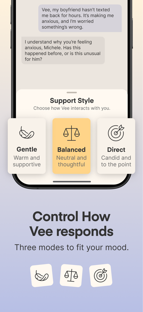 Smartphone screen showing the three AI support modes in the Vent app including Gentle Balanced and Direct