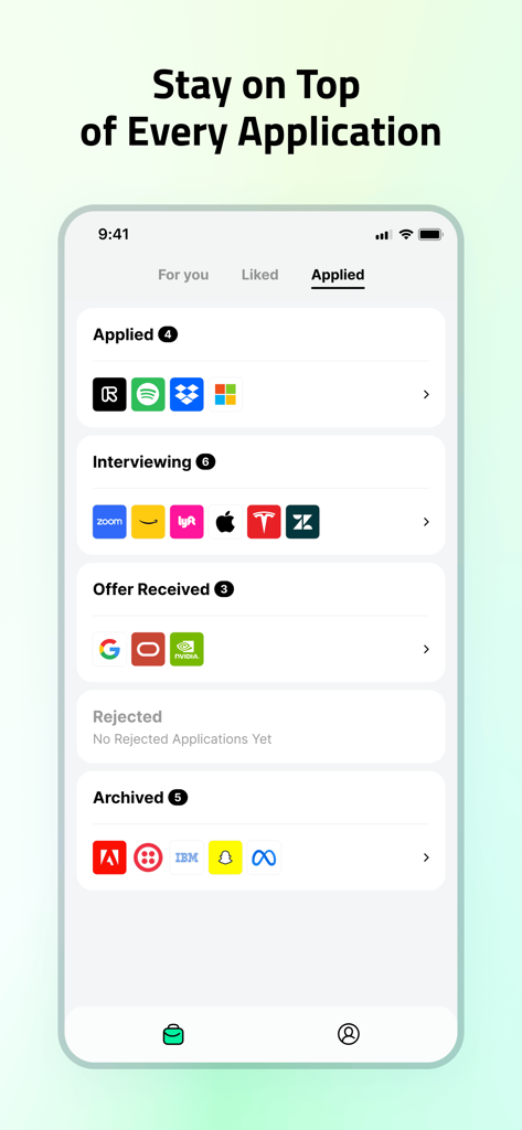 Interface of the Jobright app showing a job application status tracker with categories like Applied Interviewing and Offer Received