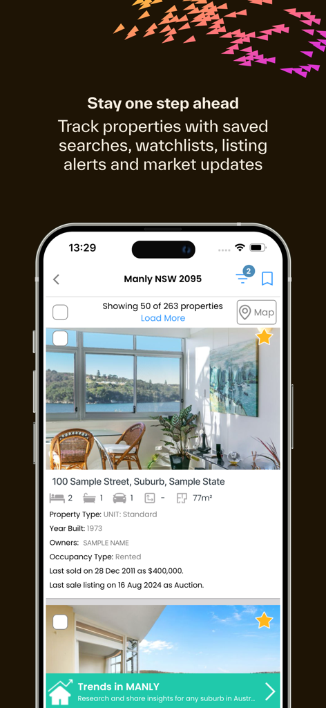 RP Data Mobile app property listing view with unit details and market trends
