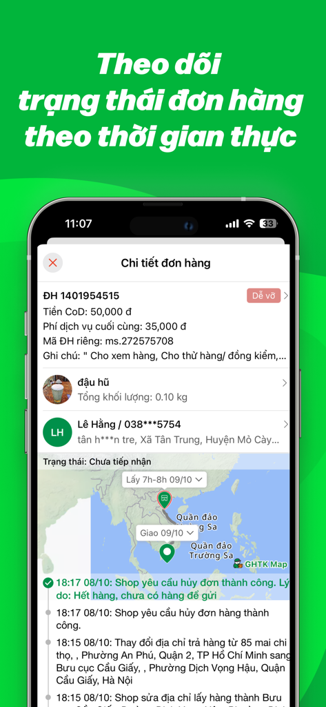 GHTK - Pantalla de la aplicación GHTK que muestra detalles de seguimiento de pedidos en tiempo real y un mapa de entrega de Vietnam