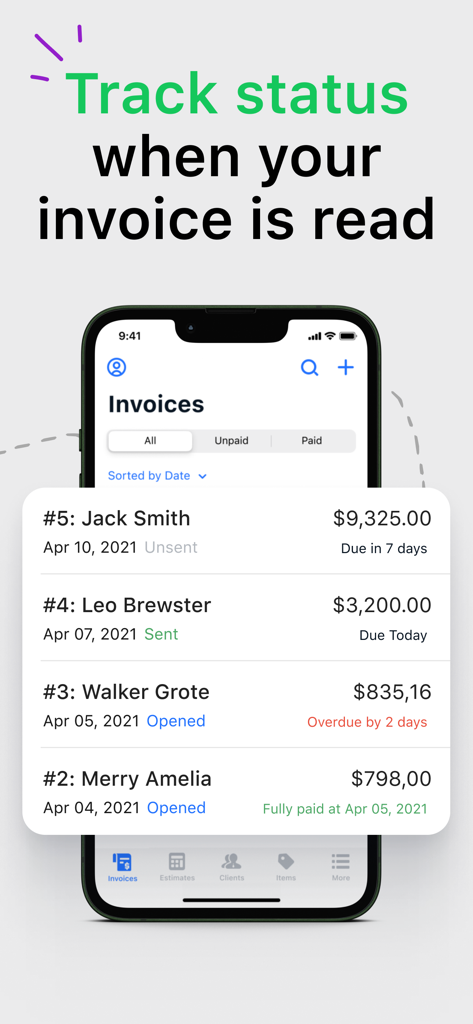 A smartphone screen showing the status of different invoices being tracked in the Invoice App