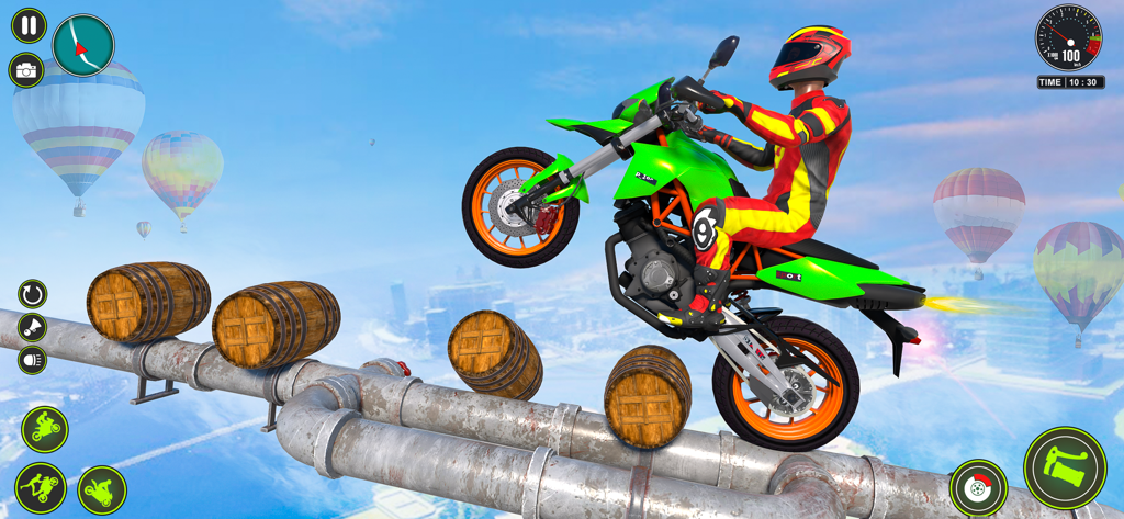 Mega Ramp Bike Stunt Games - Motorcycle rider doing a wheelie on a high altitude track with hot air balloons