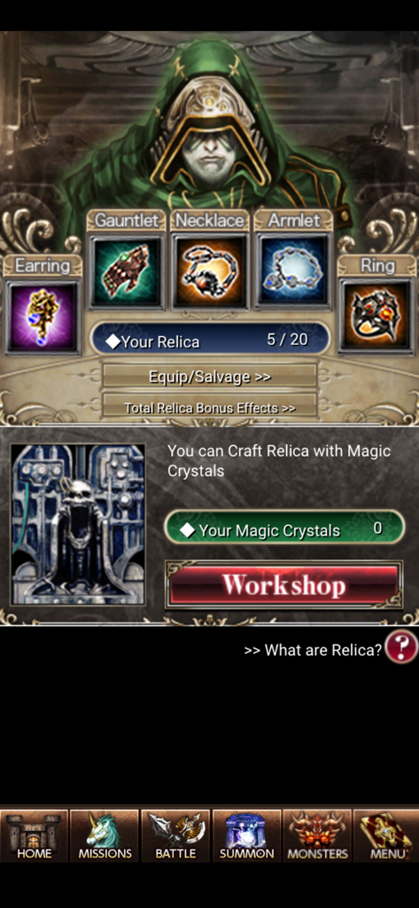 Dark Summoner - Interface of Dark Summoner showing equipped Relica items like gauntlets and necklaces alongside the crafting workshop menu.