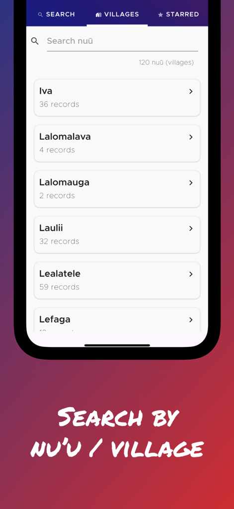 Tela do aplicativo móvel mostrando uma lista pesquisável de vilas samoanas com suas respectivas contagens de registros de títulos honoríficos