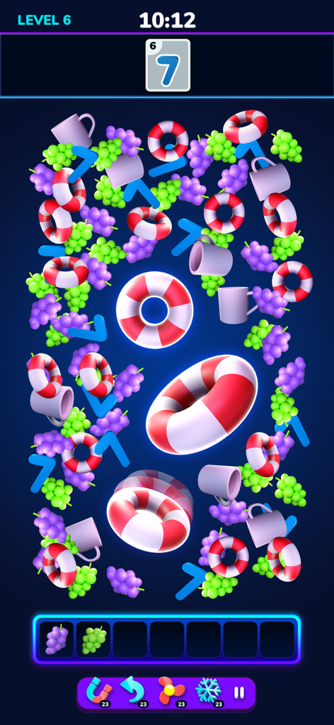 Blitz Factory 3D - Gameplay screenshot of Blitz Factory 3D showing 3D objects like grapes and lifebuoys to match in a triple match puzzle