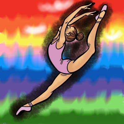 gymnast doing a leap in a leotard with a bent back leg