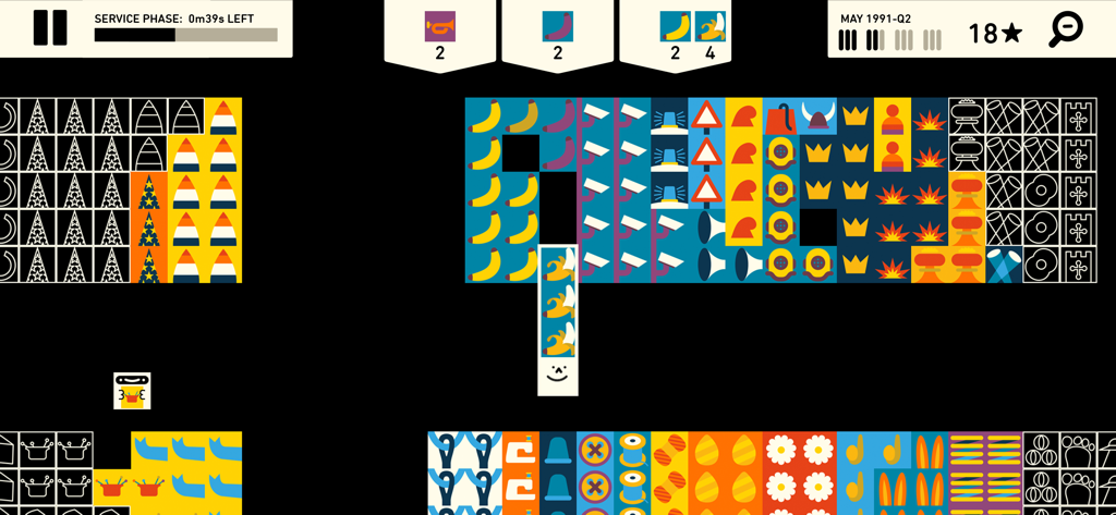 Wilmot's Warehouse - Wilmot organizing various colorful product icons into rows and columns within a minimalist warehouse grid.