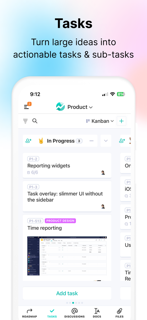 Nifty: Manage Projects & Tasks - Nifty mobile app interface showing a Kanban board for task management and project tracking.