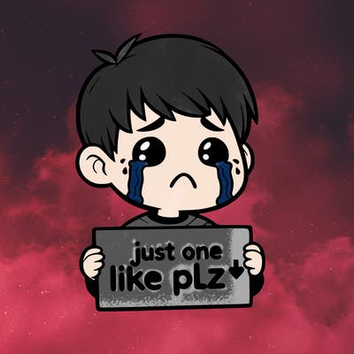 realistic crying boy with a sign saying just one like plz