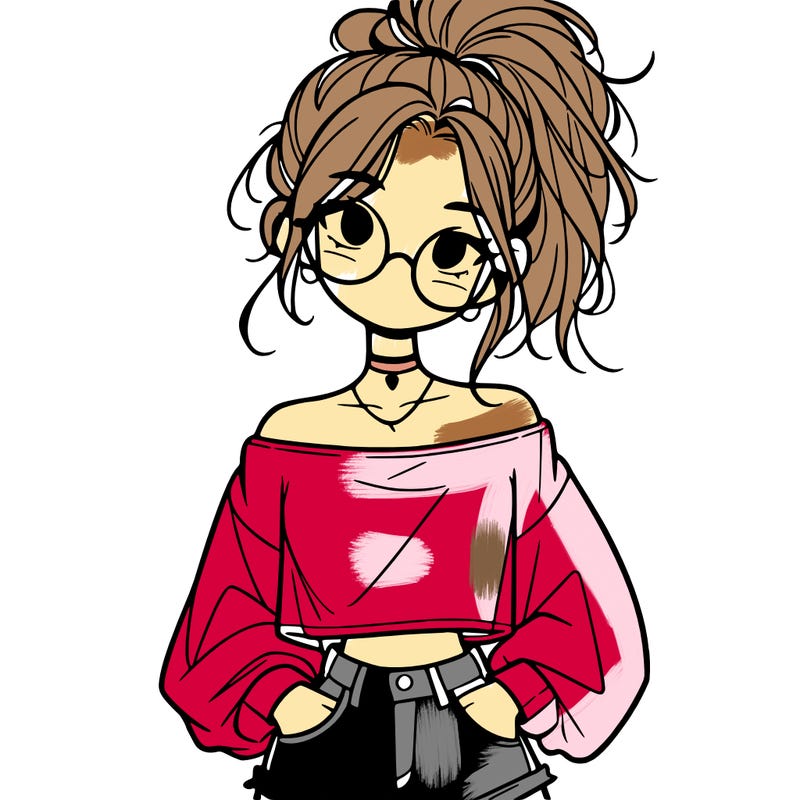 girl with a messy ponytail glasses a baggy crop top and jean shorts