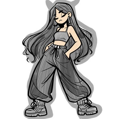 girl in baggy pants crop top and long hair