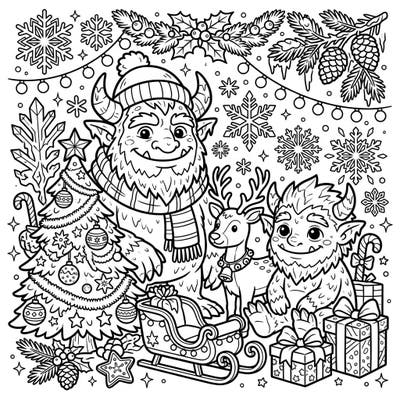 Unleash your creativity with this enchanting Christmas coloring page featuring friendly Ice Trolls. Immerse yourself in a festive scene filled with decorated trees, gifts, and wintry cheer, perfect for all ages.