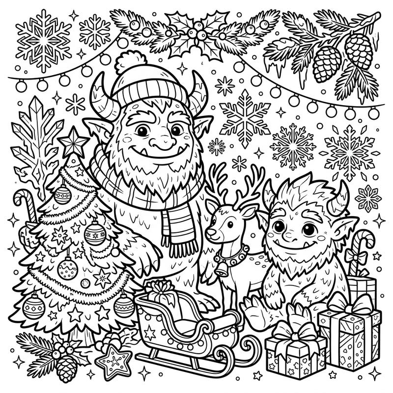 Unleash your creativity with this enchanting Christmas coloring page featuring friendly Ice Trolls. Immerse yourself in a festive scene filled with decorated trees, gifts, and wintry cheer, perfect for all ages.
