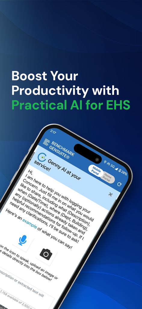 Benchmark Gensuite app screen featuring Genny AI assistant for EHS productivity with voice and photo logging features