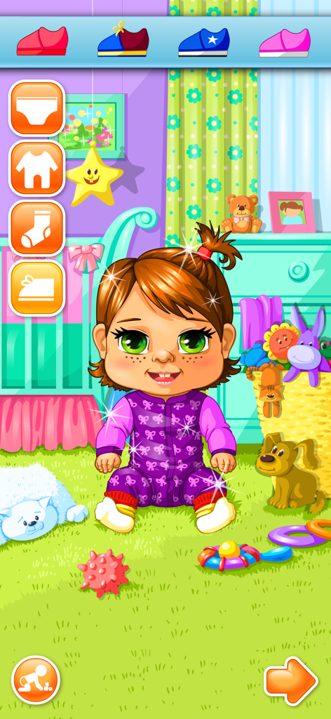My Baby Care - Babysitter Game - A baby character in a purple patterned onesie smiling in a colorful playroom with dress-up icons