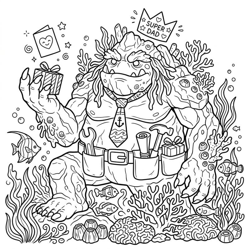 Dive into an extraordinary Father's Day celebration with this unique coloring page featuring a mighty sea-troll. Decked out in a tie and tool belt, this 'Super Dad' troll brings adventure and charm to your coloring session.