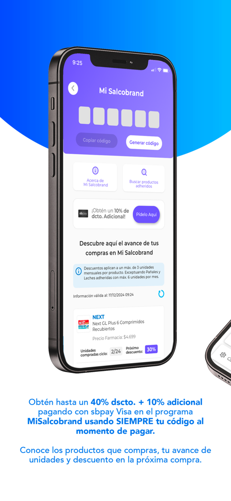 Salcobrand - Salcobrand App-Oberfläche, die den Bildschirm des Mi Salcobrand Treueprogramms mit der Generierung von Rabattcodes und der Verfolgung des Einkaufsfortschritts für pharmazeutische Belohnungen zeigt
