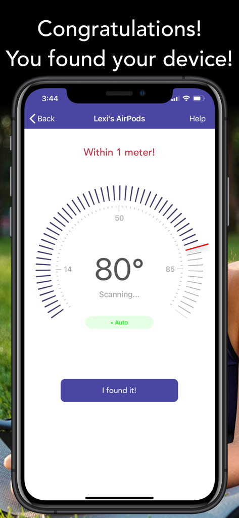 Find One Earbud - A smartphone screen showing the Find One Earbud app confirming a device was found within one meter using a signal meter
