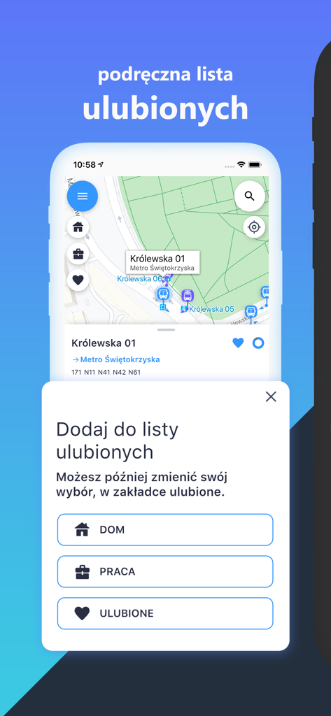 Time4BUS - Mobile app interface showing options to add a bus stop to favorites under home, work, or general categories with a map in the background