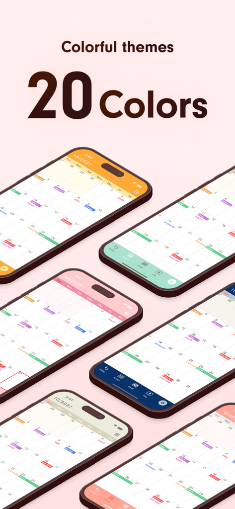 Simple Calendar: ToDo Planner - 複数のiPhoneに表示されたシンプルカレンダーアプリ、オレンジ、ピンク、ネイビーブルーなどの様々なカラフルなテーマオプション