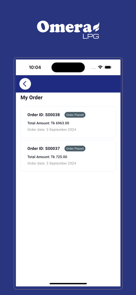 LPG Solutions - The order history screen of the Omera LPG app showing recent order details and status.