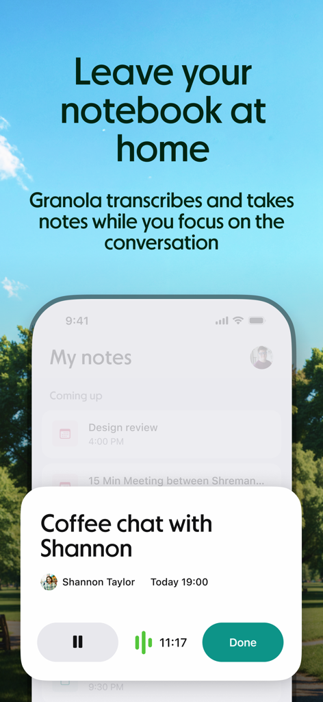 Interface de l'application Granola AI enregistrant et transcrivant une réunion informelle.
