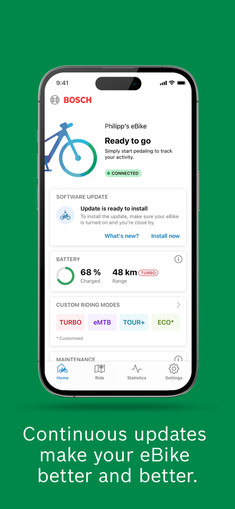 Smartphone-Bildschirm mit dem eBike Flow App Dashboard mit einer Software-Update-Benachrichtigung, Akkustatus und individuellen Fahrmodi