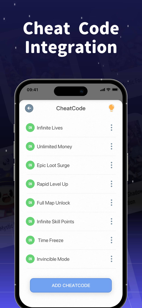 Interface of the Game Emulator RePlay app showing various cheat code options like infinite lives and unlimited money