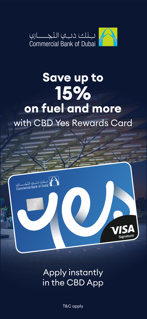 Yes Rewards by ENOC - 燃料などで最大15％割引を提供するCBD Yes Rewards Visaカードのプロモーション。