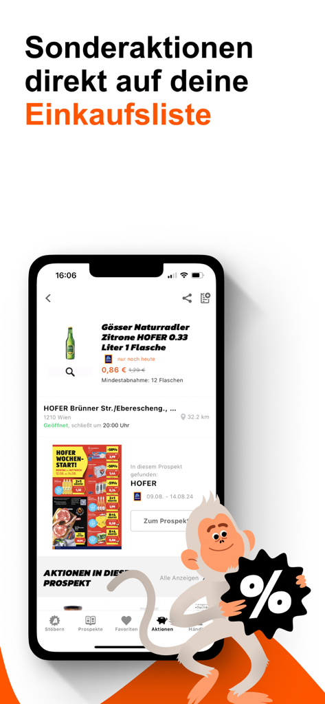 Aktionsfinder Austria - Offers - Smartphone screen showing a product offer and shopping list integration in the Aktionsfinder app with a monkey mascot