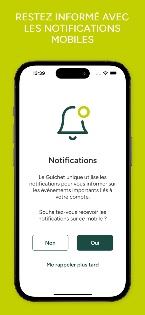 Guichet unique - Écran des paramètres de notification pour l'application administrative Guichet unique sur un appareil mobile