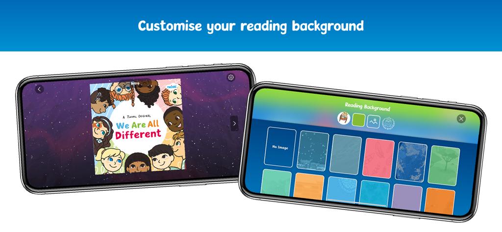 Twinkl Originals - A mobile app interface showing a book cover titled We Are All Different and a menu to customize reading backgrounds with various patterns and colors.